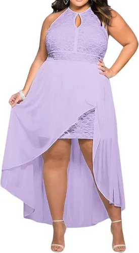 - 818 - Plus Size Hi Low Lace Overlay Halter Cocktail Casual Beach Wedding Maxi Dress