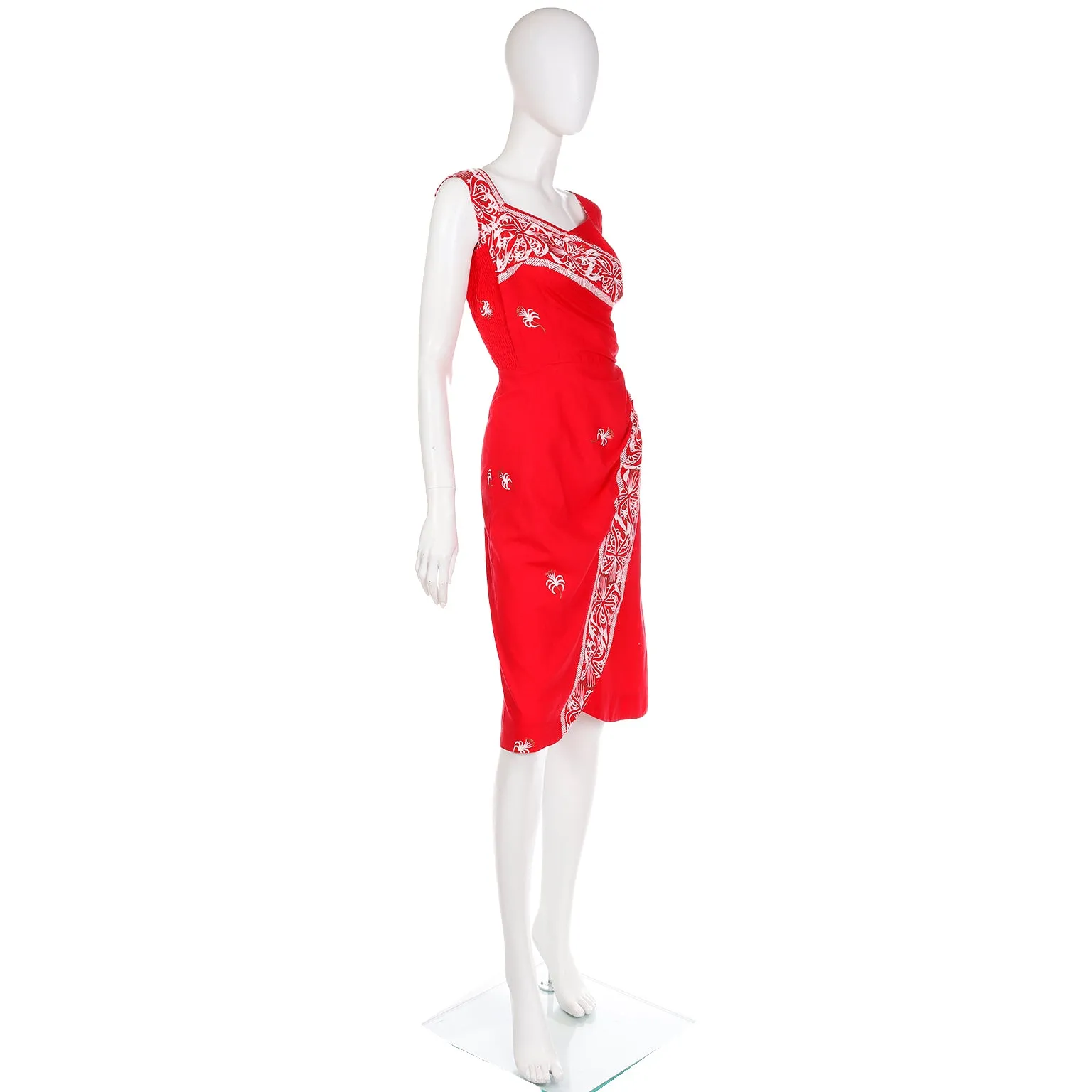 1950s Peggy Wood Honolulu Vintage Red Sarong Tropical Dress