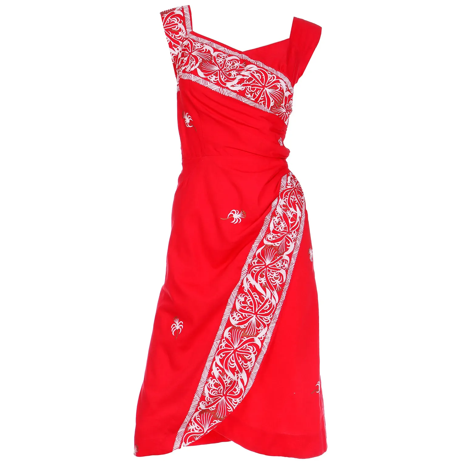 1950s Peggy Wood Honolulu Vintage Red Sarong Tropical Dress