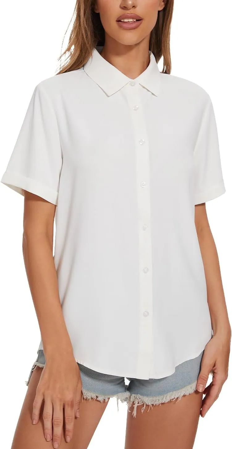 2 Pack Button Down Shirts for Women Short Sleeve Causal Collared Chiffon Blouses Work Office Tops for Ladies