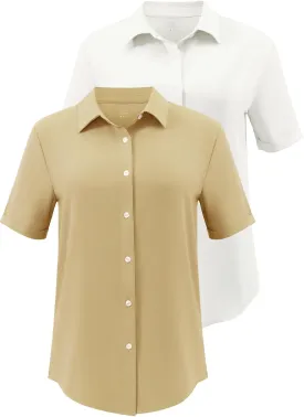 2 Pack Button Down Shirts for Women Short Sleeve Causal Collared Chiffon Blouses Work Office Tops for Ladies