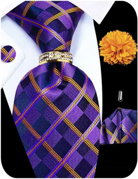 5PCS Tie and Pocket Square Set for Men, Silk Necktie and Handkerchief Cufflinks with Gold Ring and Lapel Pin Set