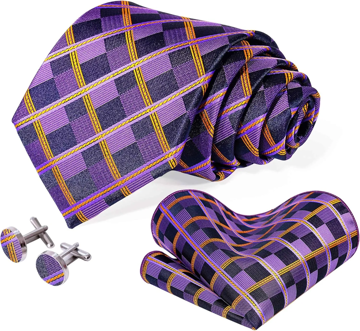 5PCS Tie and Pocket Square Set for Men, Silk Necktie and Handkerchief Cufflinks with Gold Ring and Lapel Pin Set