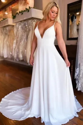 A Line Deep V Neck Ivory Chiffon Wedding Dress
