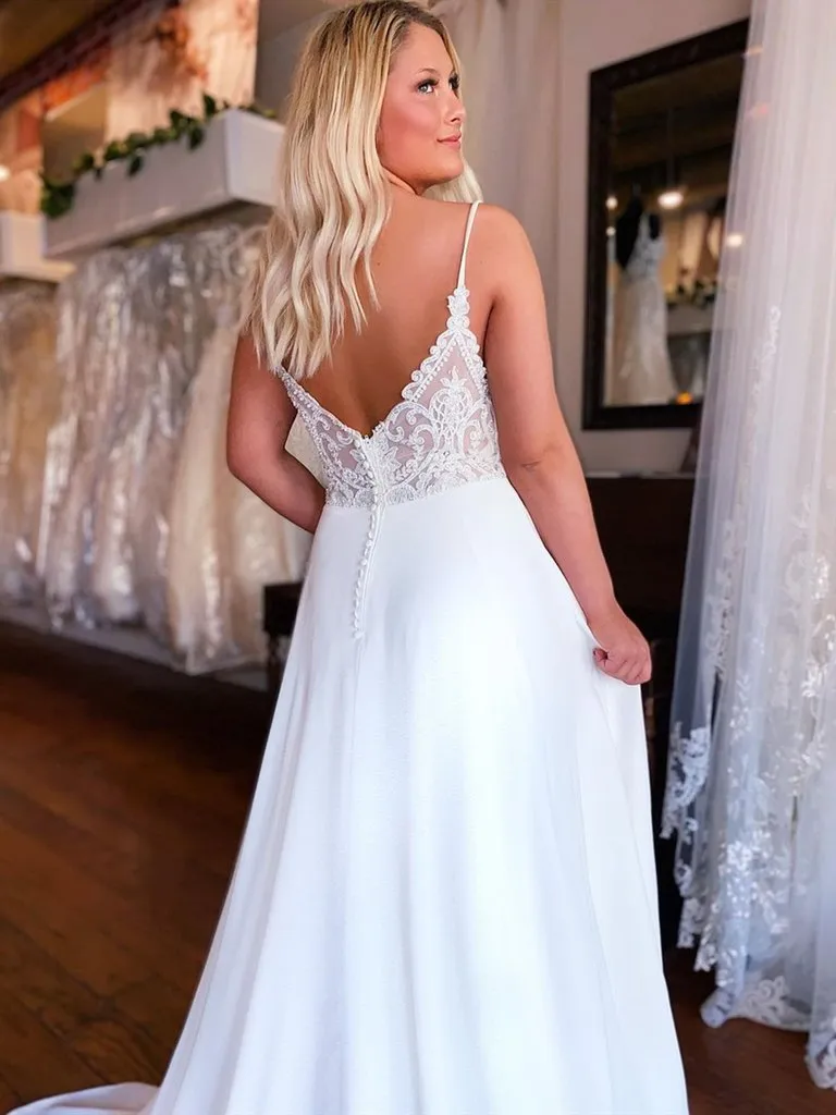A Line Deep V Neck Ivory Chiffon Wedding Dress