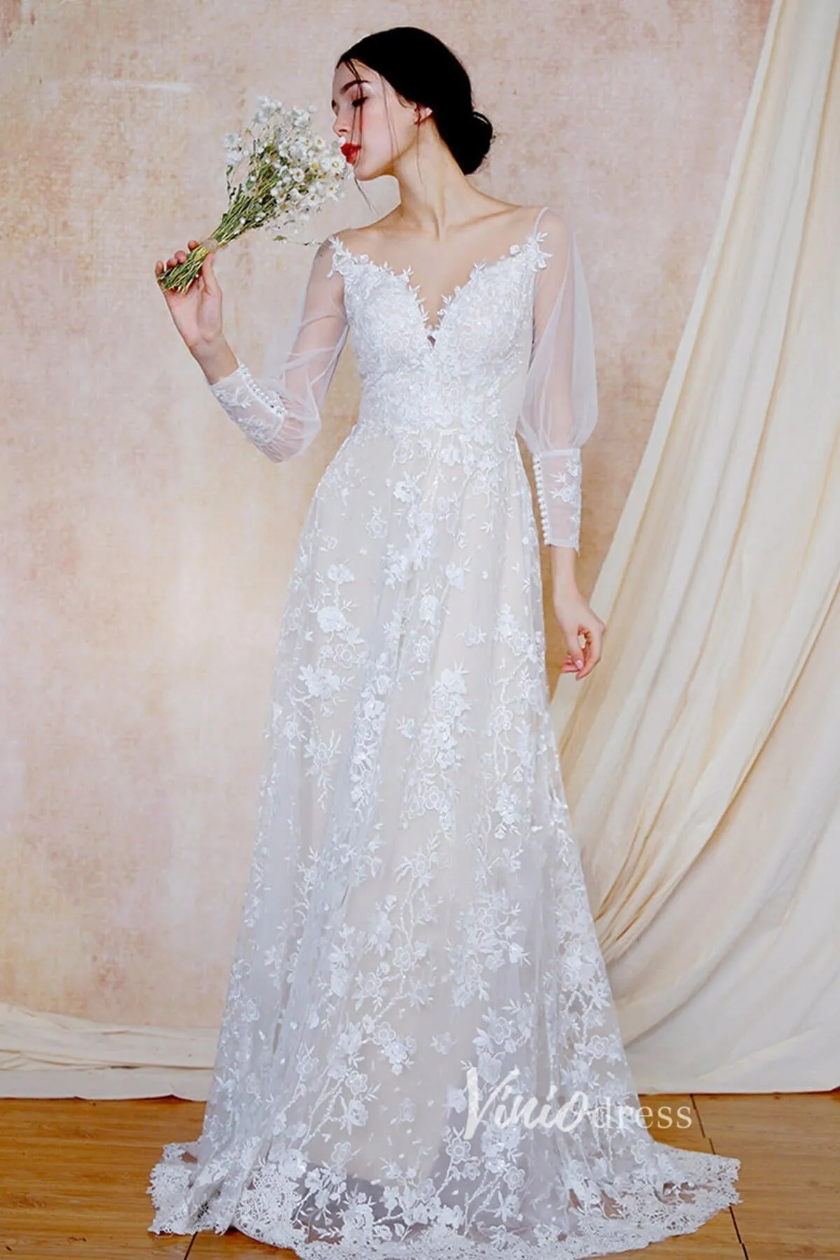 A-line Lace Boho Wedding Dresses Long Sleeve Bridal Dress VW2203