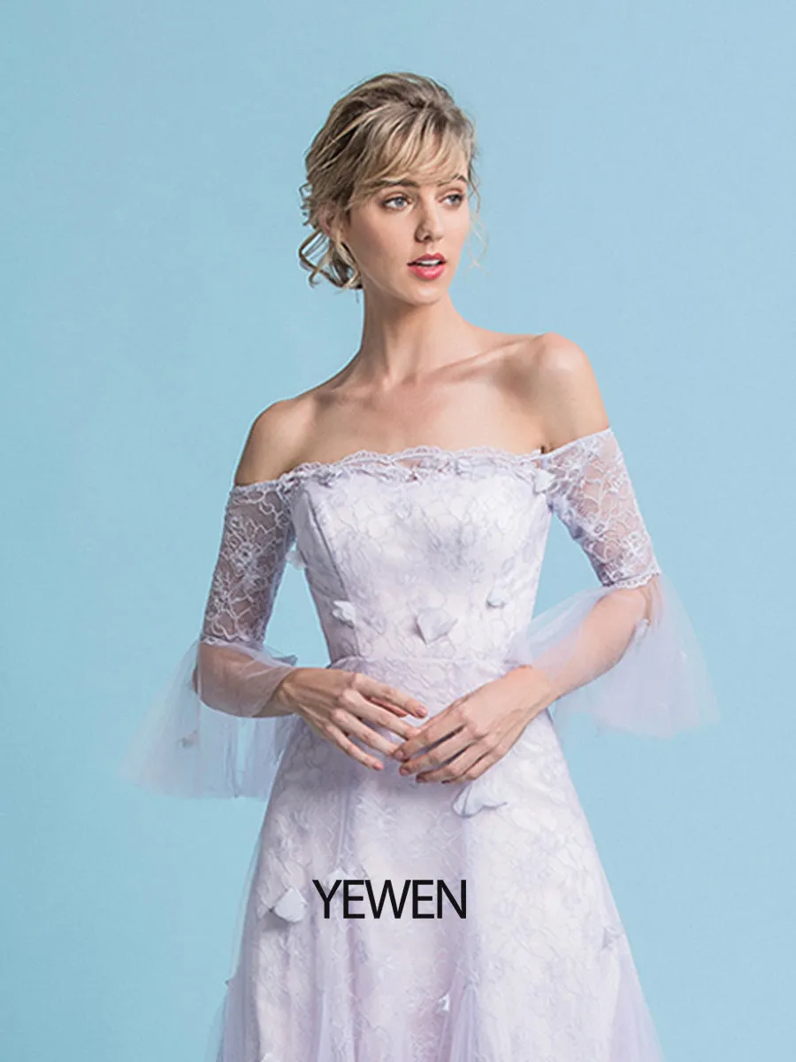 A-Line Wedding Dresses Off Shoulder Sweep / Brush Train Lace Short Sleeve Country Plus Size with Lace Embroidery