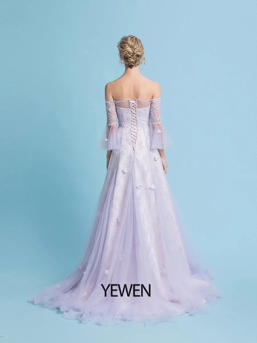 A-Line Wedding Dresses Off Shoulder Sweep / Brush Train Lace Short Sleeve Country Plus Size with Lace Embroidery