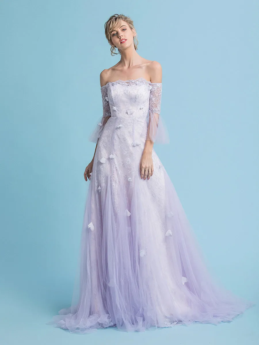 A-Line Wedding Dresses Off Shoulder Sweep / Brush Train Lace Short Sleeve Country Plus Size with Lace Embroidery