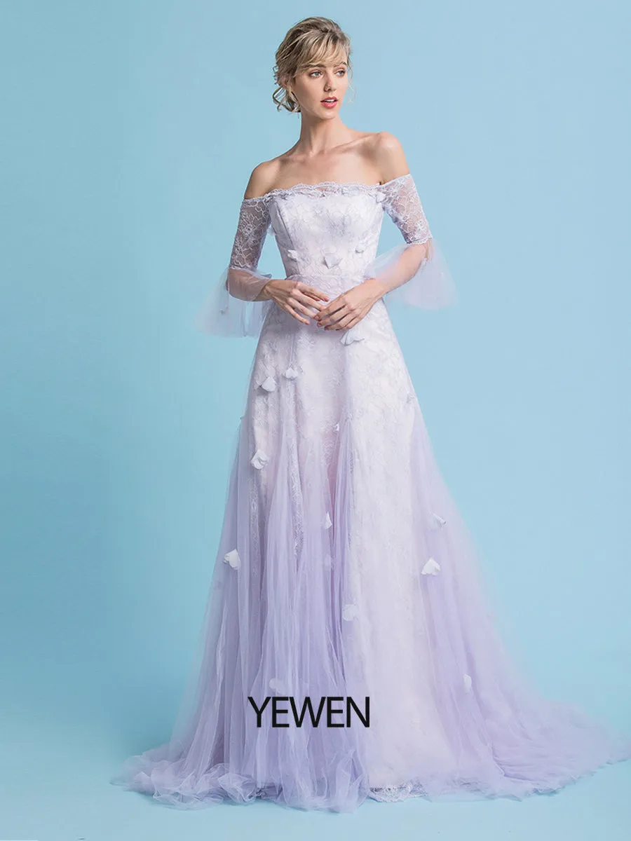 A-Line Wedding Dresses Off Shoulder Sweep / Brush Train Lace Short Sleeve Country Plus Size with Lace Embroidery