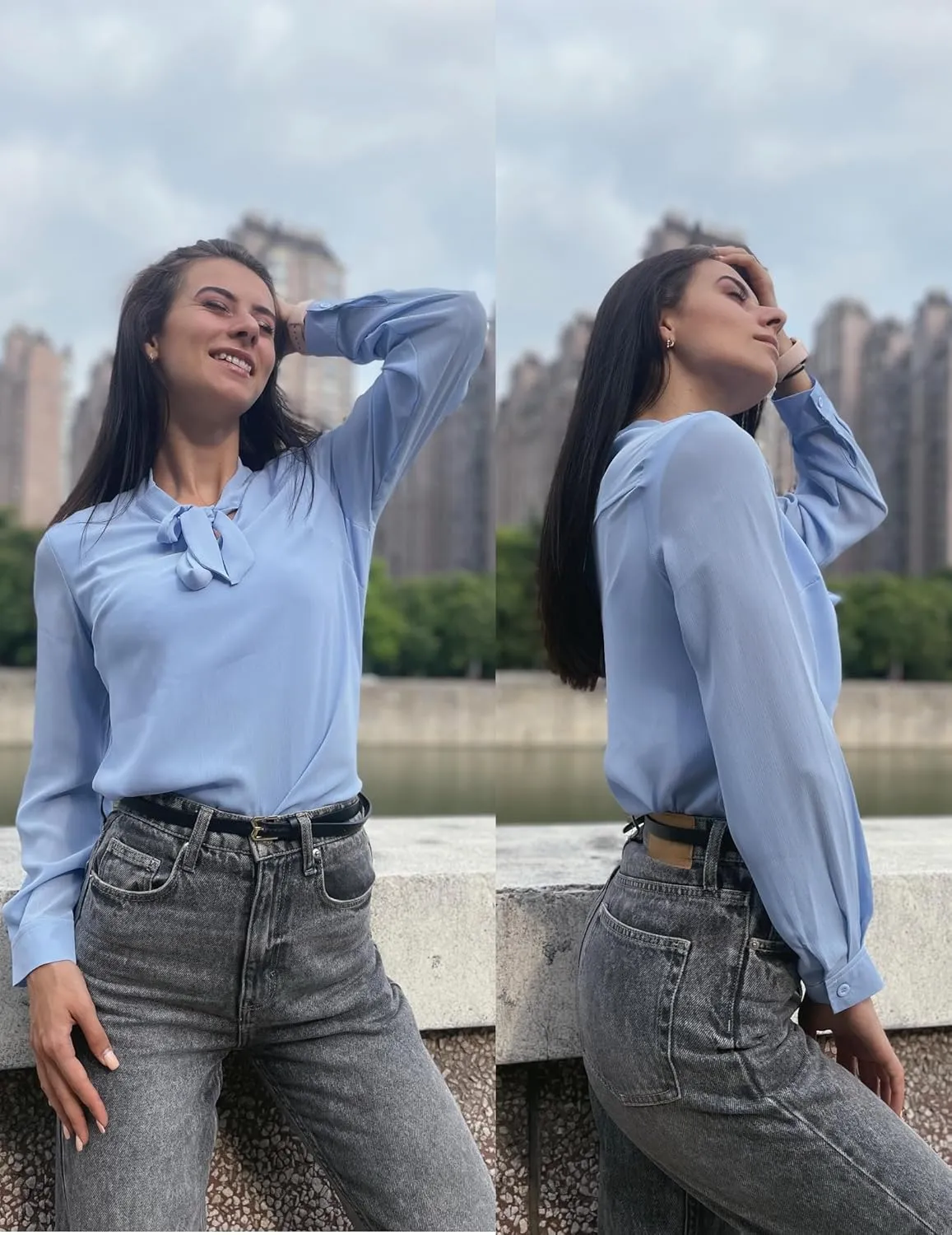 ACEVOG Chiffon Blouses for Women Dressy Bow Tie Neck Long Sleeve Work Shirt Formal Casual Wear