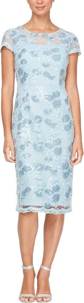 Alex Evenings Women's Short Knee Length Floral Embroidered Cocktail Sheath, Wedding Guest Dress, (Petite and Regular Sizes)