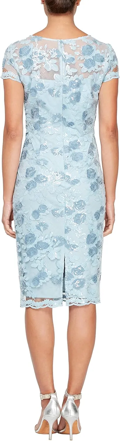 Alex Evenings Women's Short Knee Length Floral Embroidered Cocktail Sheath, Wedding Guest Dress, (Petite and Regular Sizes)