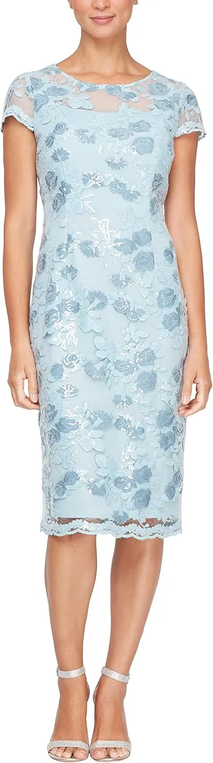 Alex Evenings Women's Short Knee Length Floral Embroidered Cocktail Sheath, Wedding Guest Dress, (Petite and Regular Sizes)