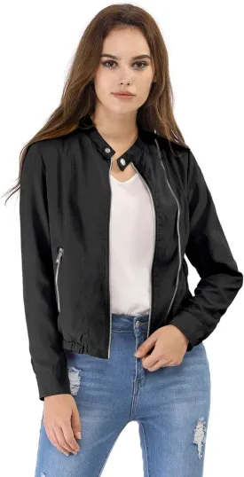 Allegra K Women's Lightweight Classic Casual Stand Collar Pocket Short Biker Moto Jacket