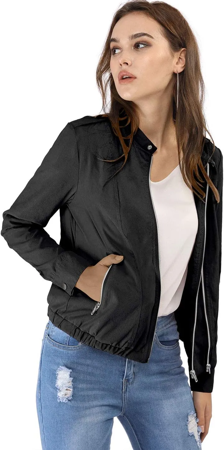 Allegra K Women's Lightweight Classic Casual Stand Collar Pocket Short Biker Moto Jacket