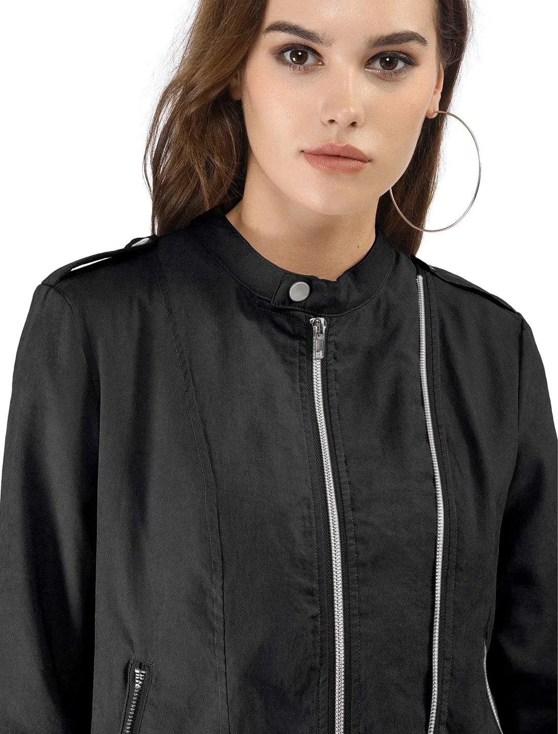 Allegra K Women's Lightweight Classic Casual Stand Collar Pocket Short Biker Moto Jacket