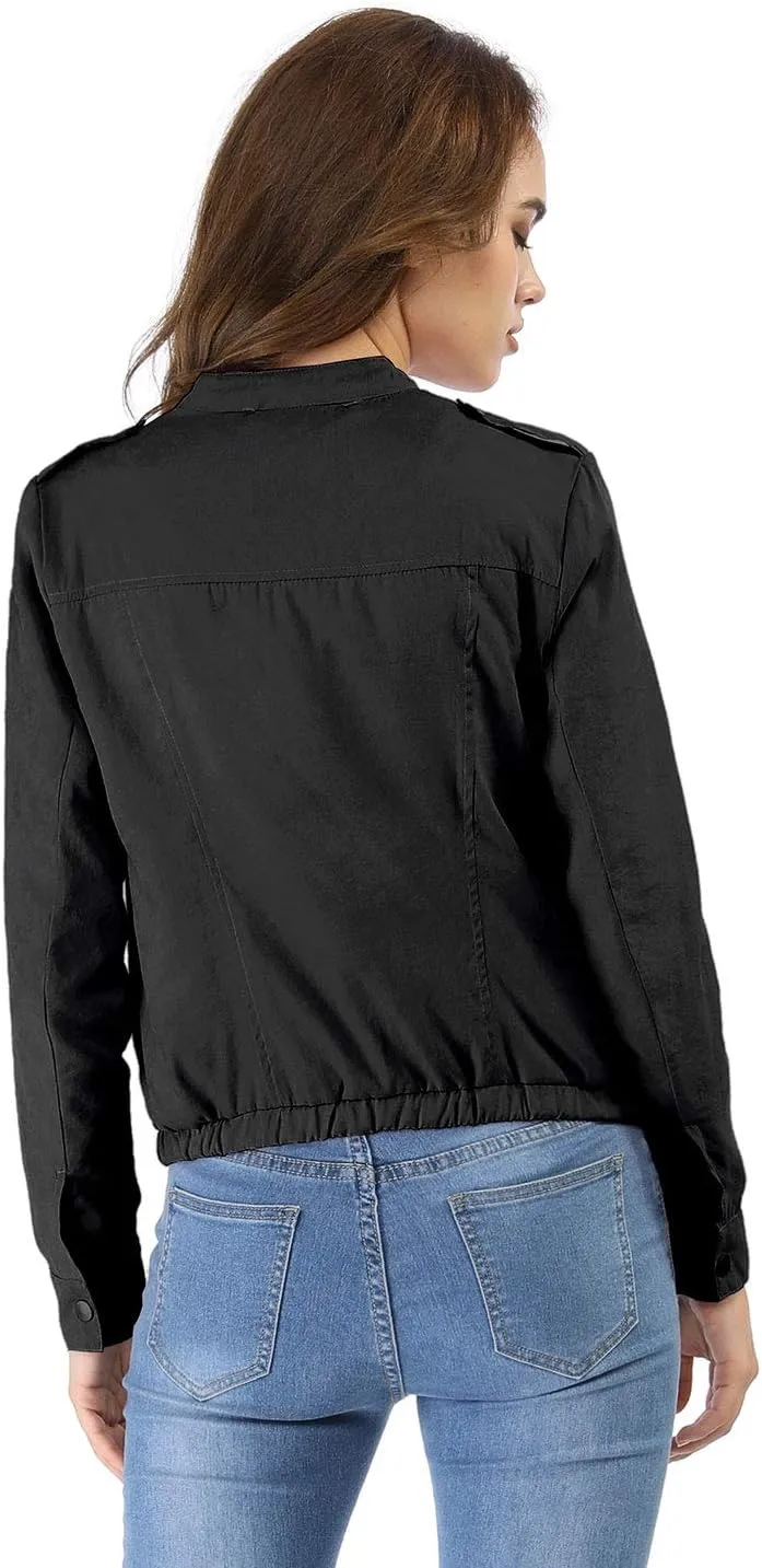 Allegra K Women's Lightweight Classic Casual Stand Collar Pocket Short Biker Moto Jacket
