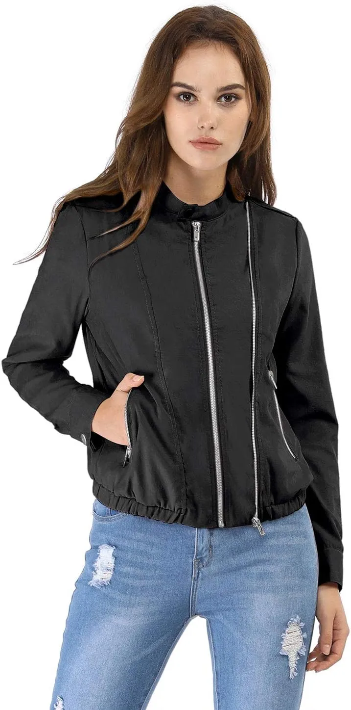 Allegra K Women's Lightweight Classic Casual Stand Collar Pocket Short Biker Moto Jacket