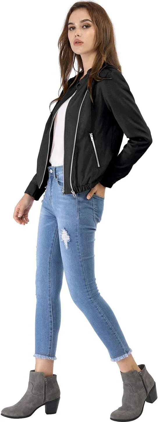Allegra K Women's Lightweight Classic Casual Stand Collar Pocket Short Biker Moto Jacket