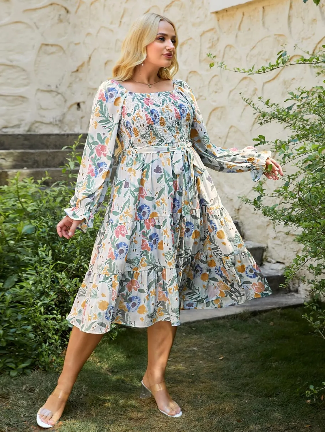 Amegoya Women's Boho Flowy Long Sleeve Square Neck Floral Midi Dress Smocked Spring Fall Wedding Guest Dresses