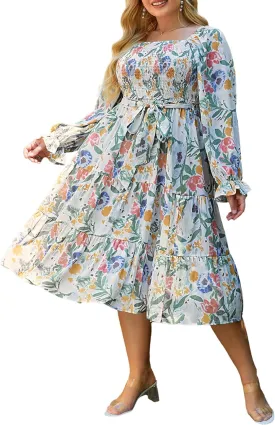 Amegoya Women's Boho Flowy Long Sleeve Square Neck Floral Midi Dress Smocked Spring Fall Wedding Guest Dresses