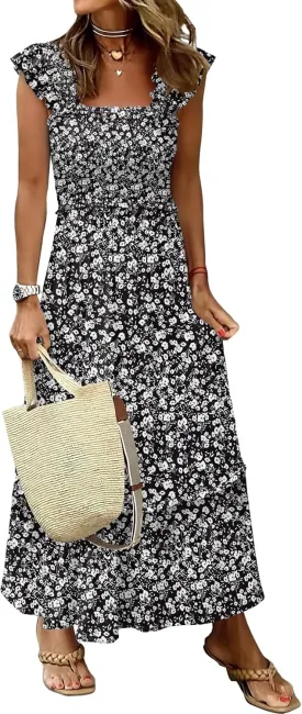 ANRABESS Womens Summer Sleeveless Maxi Dress Square Neck Smocked Boho Casual Ruffle Strap Flowy A-Line Long Beach Sundress