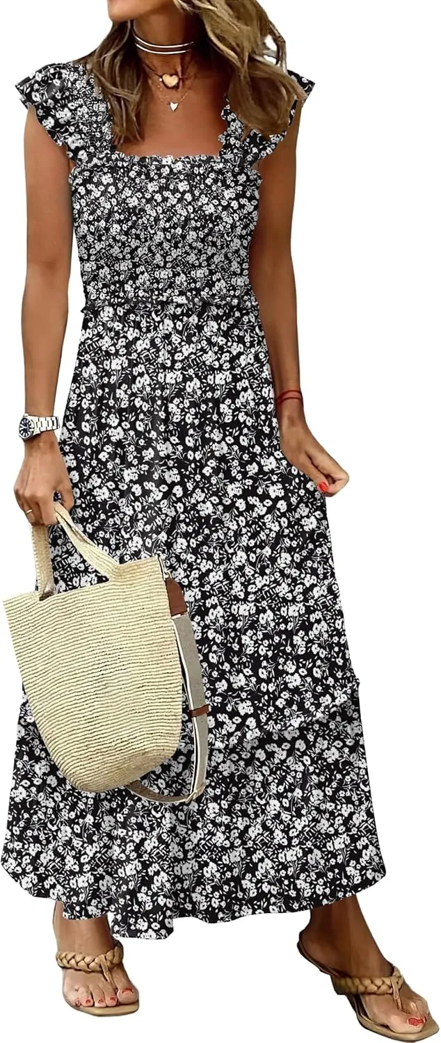 ANRABESS Womens Summer Sleeveless Maxi Dress Square Neck Smocked Boho Casual Ruffle Strap Flowy A-Line Long Beach Sundress