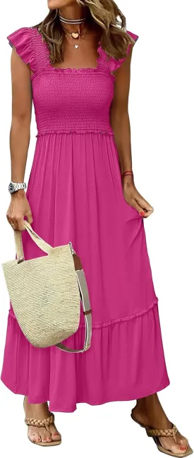 ANRABESS Womens Summer Sleeveless Maxi Dress Square Neck Smocked Boho Casual Ruffle Strap Flowy A-Line Long Beach Sundress