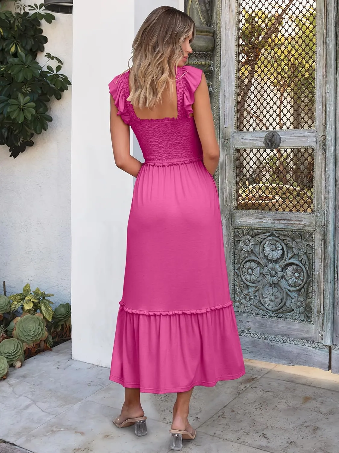 ANRABESS Womens Summer Sleeveless Maxi Dress Square Neck Smocked Boho Casual Ruffle Strap Flowy A-Line Long Beach Sundress
