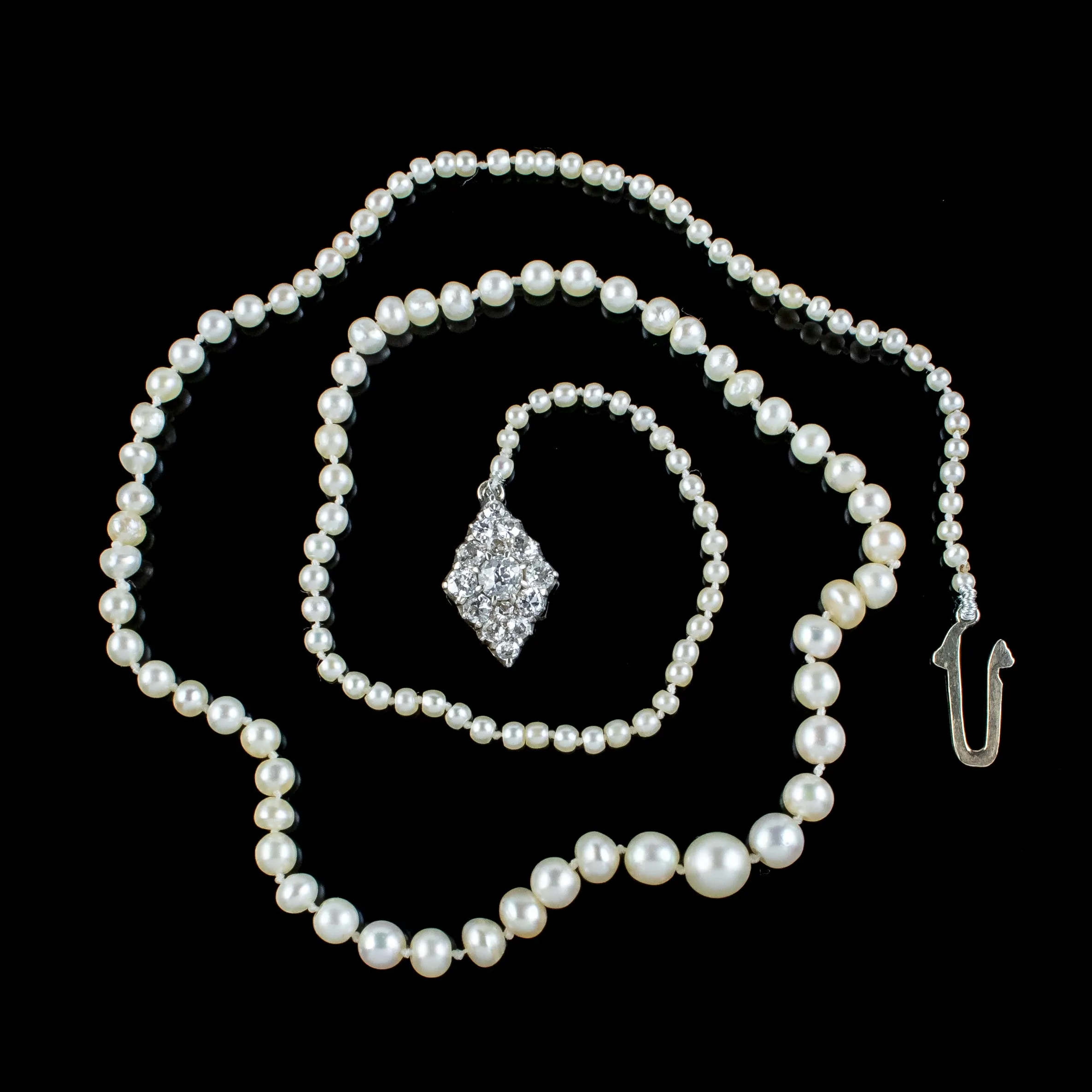 Antique Edwardian Natural Pearl Necklace Diamond Clasp With Box And Cert