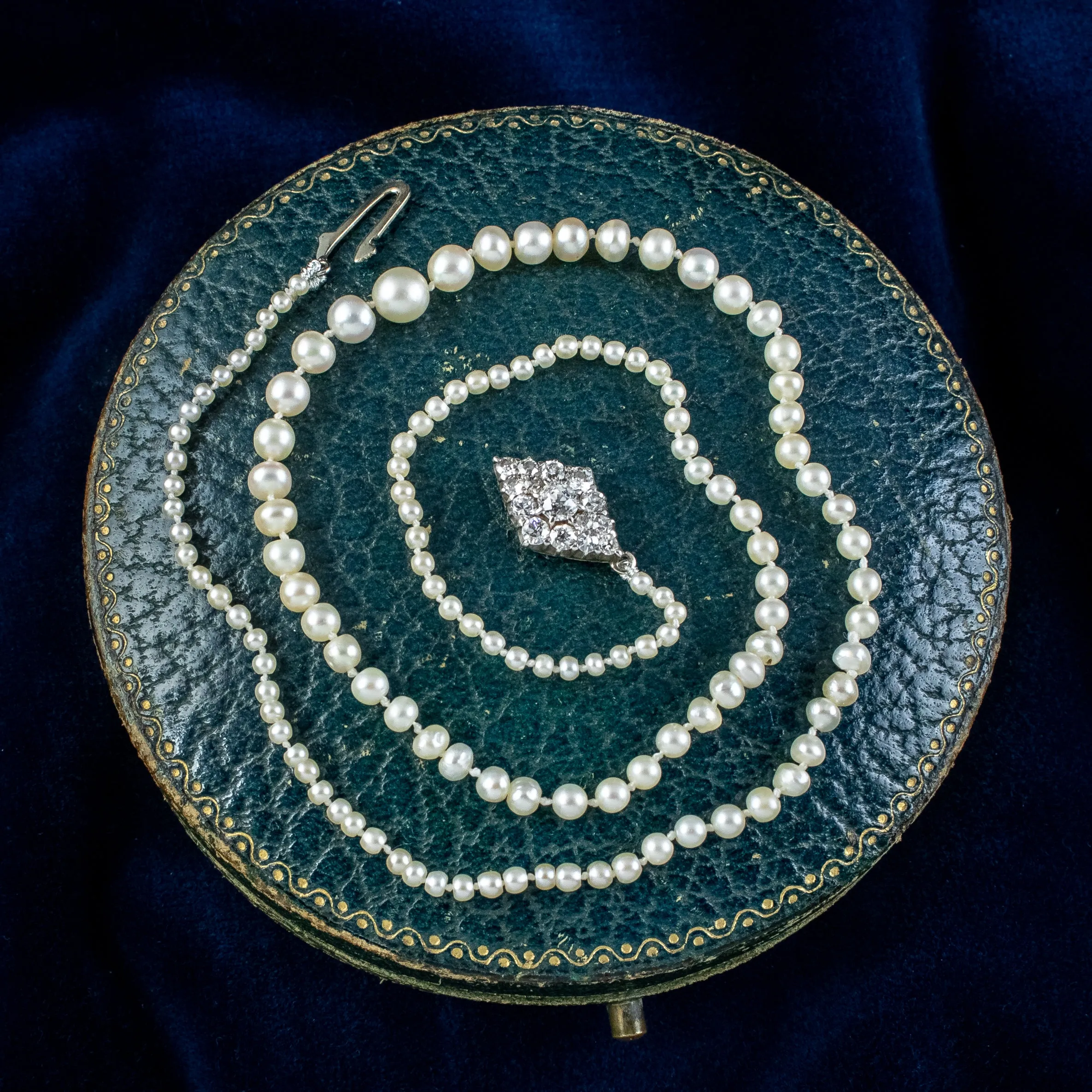 Antique Edwardian Natural Pearl Necklace Diamond Clasp With Box And Cert