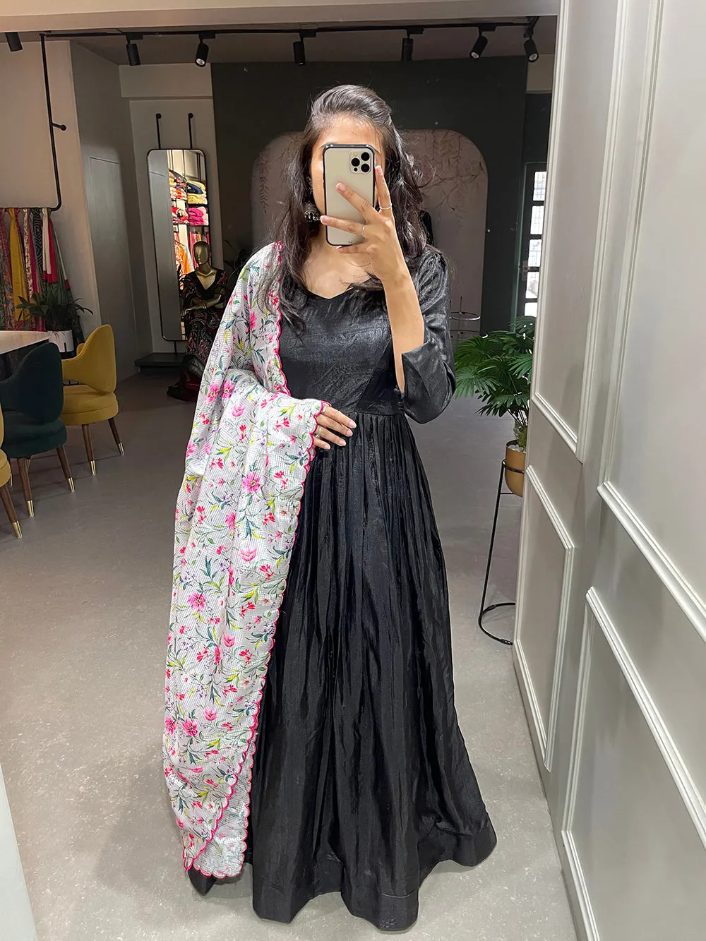Black Color Plain Dola Silk Gown