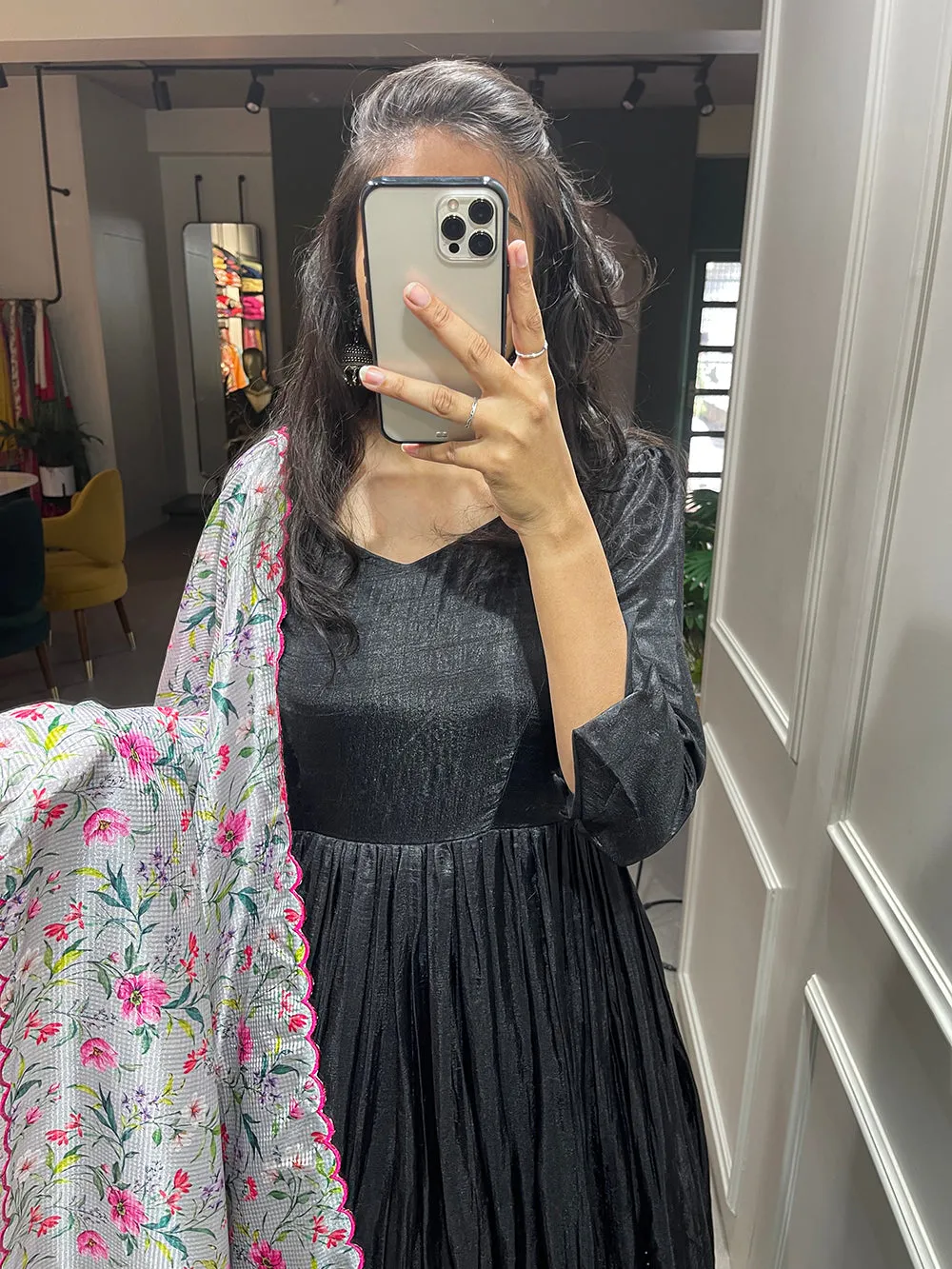 Black Color Plain Dola Silk Gown