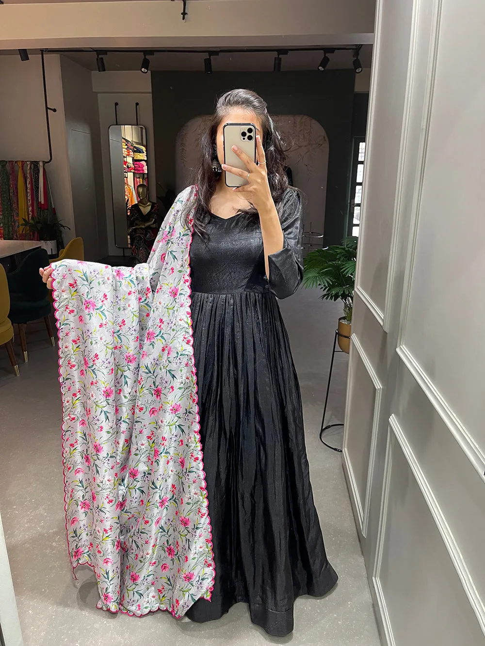 Black Color Plain Dola Silk Gown