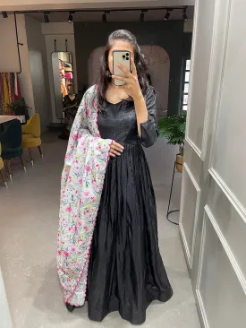 Black Color Plain Dola Silk Gown