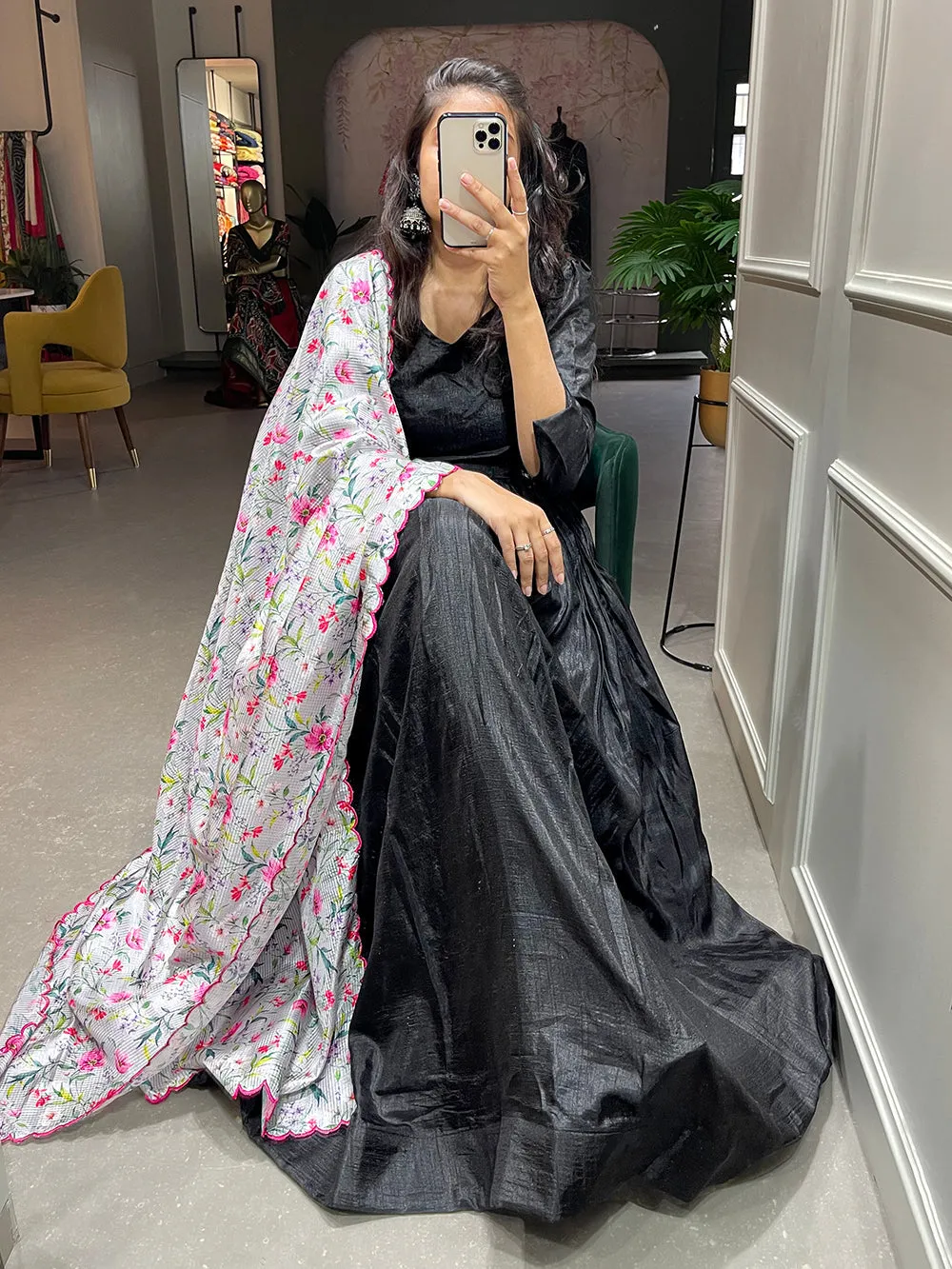 Black Color Plain Dola Silk Gown
