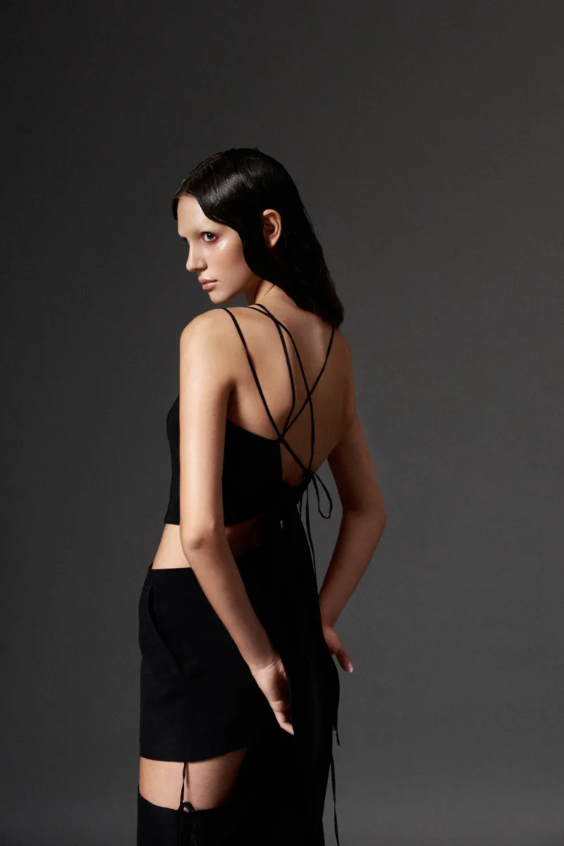 BLACK SILK CROP TOP