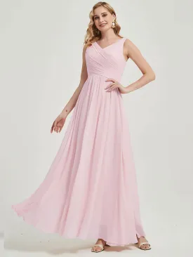 Blush Wide Straps Sleeveless V-Neck Pleated Flowy Bridesmaid Dress