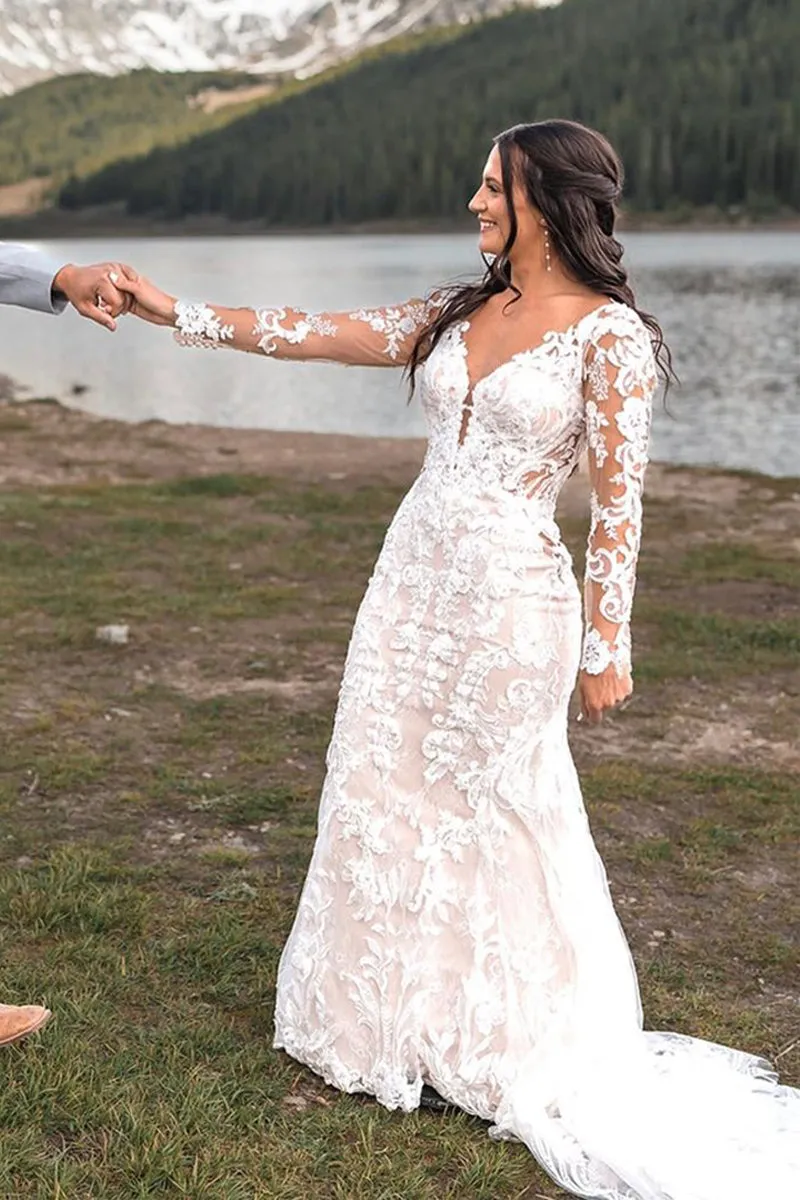 Bohemain Mermaid Long Sleeves Lace Wedding Dresses VK23081901