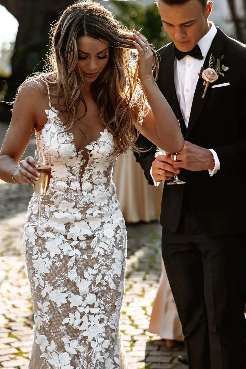 Bohemian Mermaid V Neck Lace Wedding Dresses VK23051701