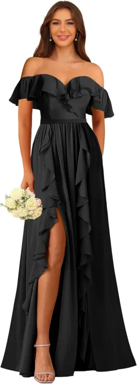 Bridesmaid Dress Women's Formal Dresses Long with Slit Off Shoulder Chiffon Ruffle Hemline Wedding Guest Dress