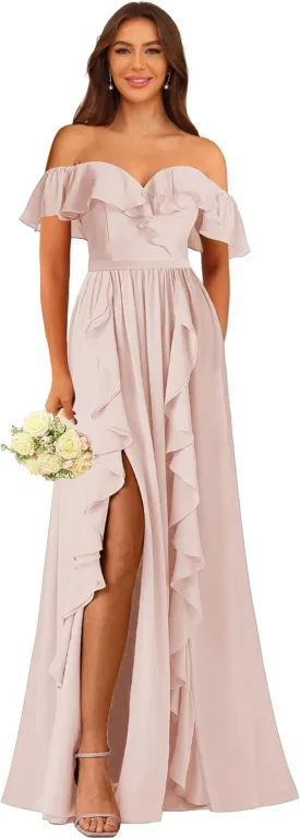 Bridesmaid Dress Women's Formal Dresses Long with Slit Off Shoulder Chiffon Ruffle Hemline Wedding Guest Dress