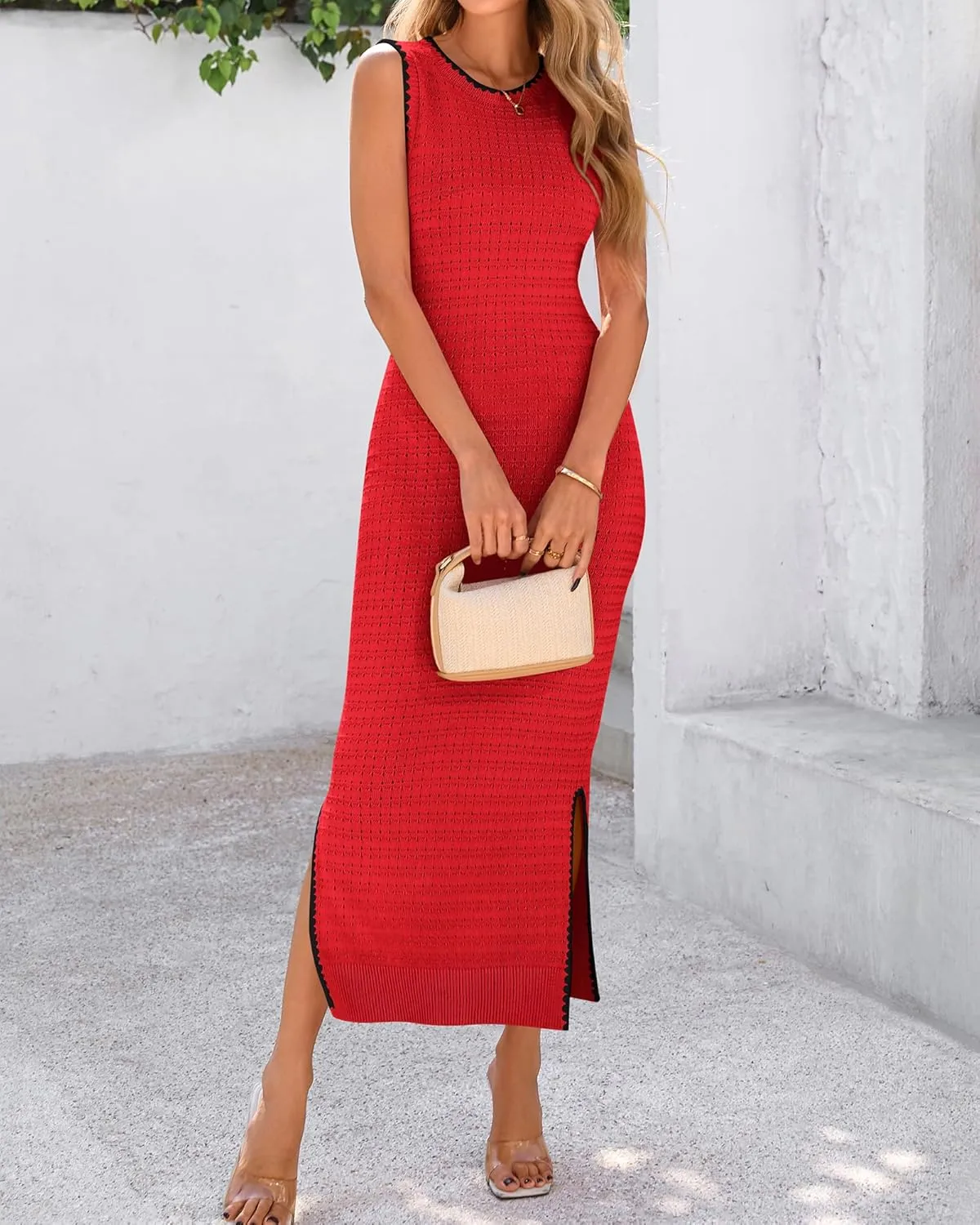 BTFBM Womens Knit Bodycon Midi Dress Casual Sleeveless See Through Cover Up Dresses Crew Neck Slit Tank Summer Dresses