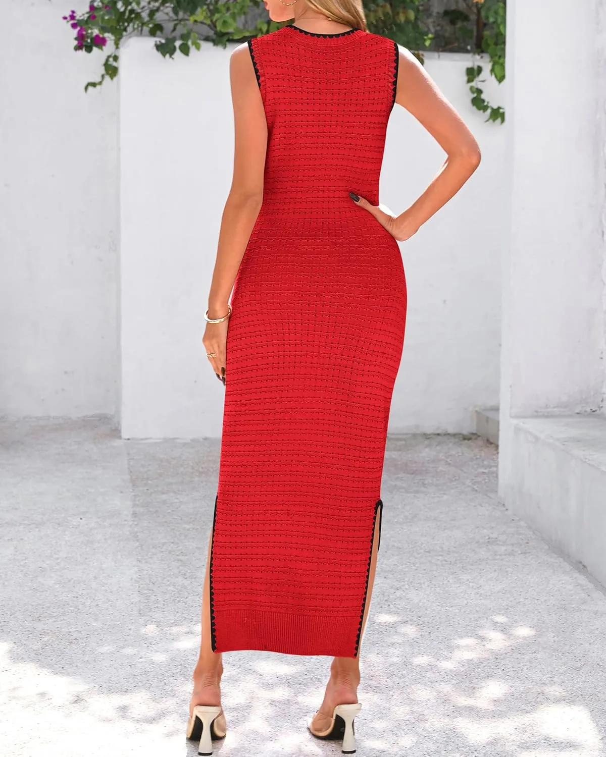 BTFBM Womens Knit Bodycon Midi Dress Casual Sleeveless See Through Cover Up Dresses Crew Neck Slit Tank Summer Dresses