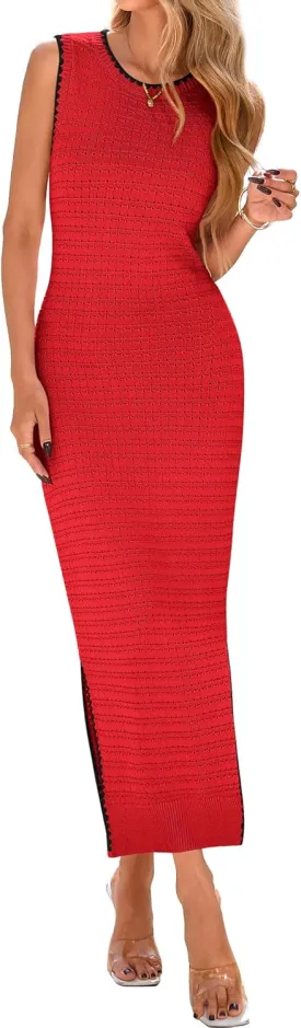 BTFBM Womens Knit Bodycon Midi Dress Casual Sleeveless See Through Cover Up Dresses Crew Neck Slit Tank Summer Dresses