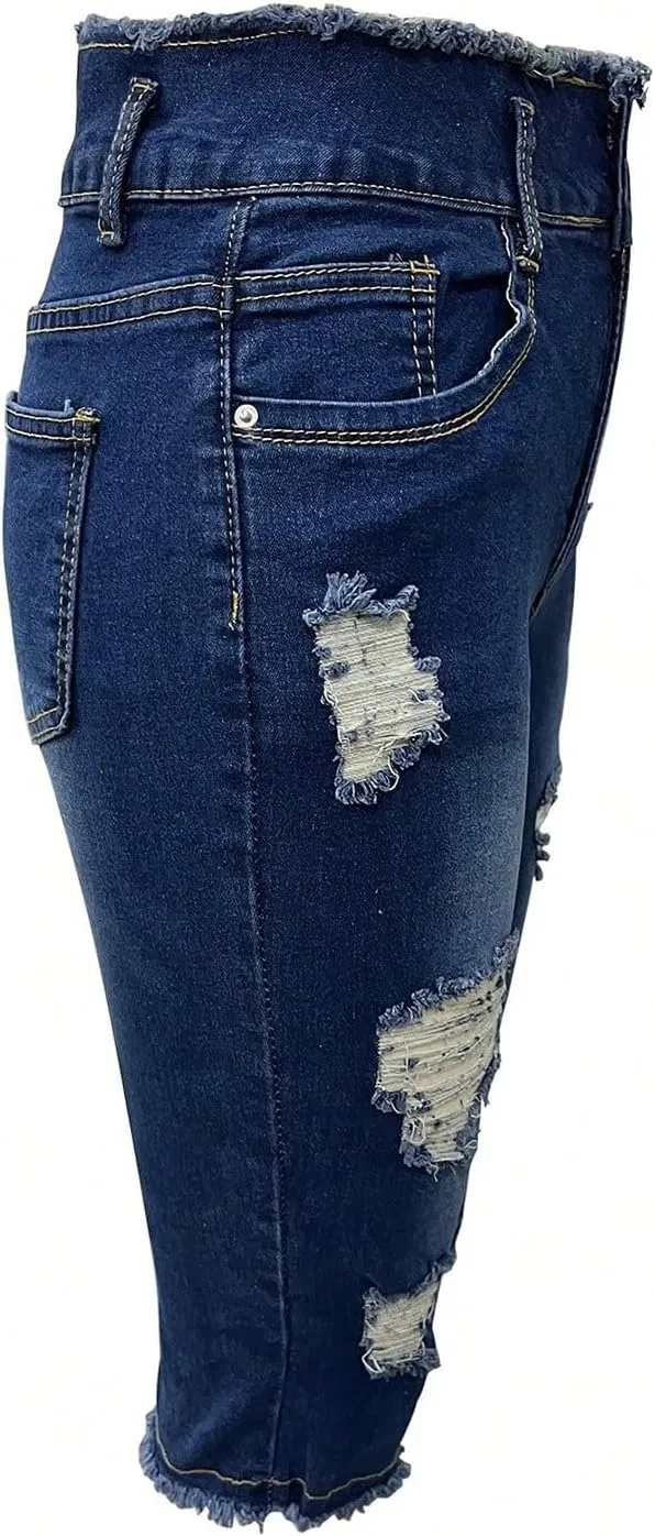 Capri Jeans for Women Stretch Low Rise Ripped Denim Capris Boyfriend Distressed Skinny Jeans with Pockets Cropped Pants