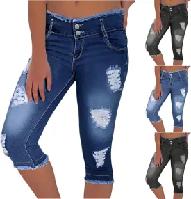 Capri Jeans for Women Stretch Low Rise Ripped Denim Capris Boyfriend Distressed Skinny Jeans with Pockets Cropped Pants