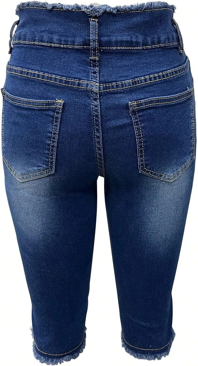 Capri Jeans for Women Stretch Low Rise Ripped Denim Capris Boyfriend Distressed Skinny Jeans with Pockets Cropped Pants
