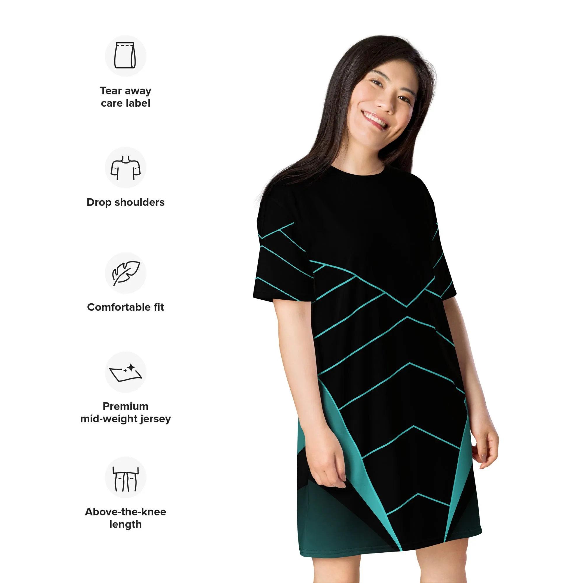 ChromoCo Black-Green T-Shirt Dress | Chic and Contemporary Geometric Design